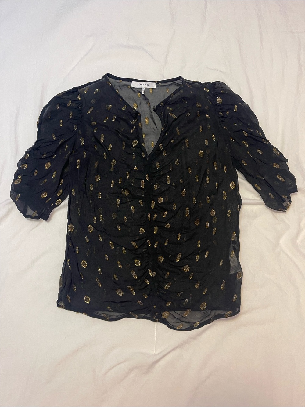 Frame Black Sheer Blouse with Gold Foil Detail